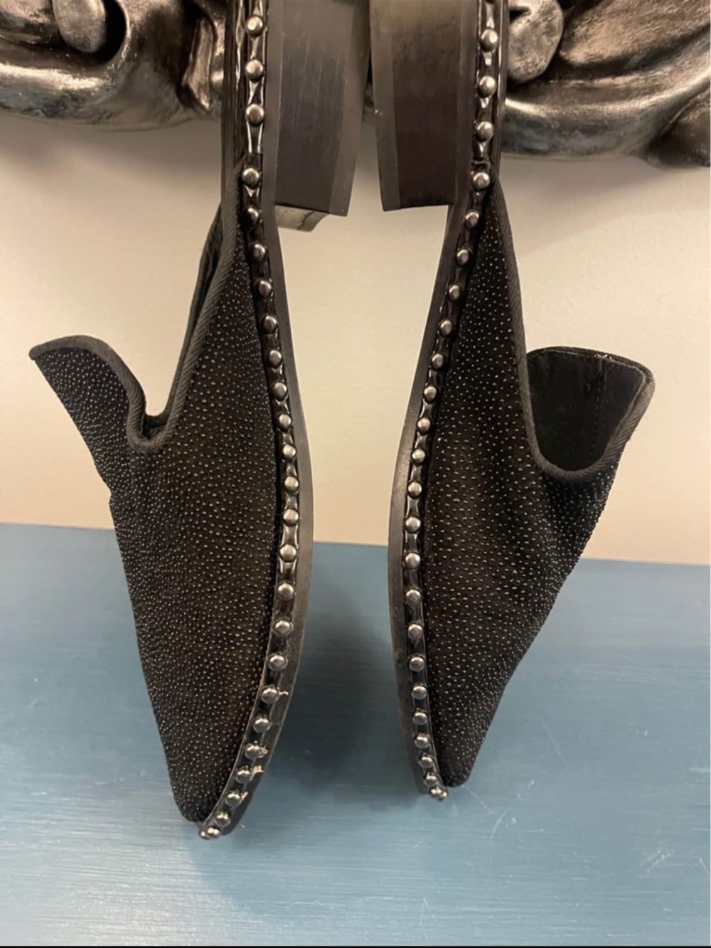 Adrianna Papell Leather Black studded/ tiny beads Sz 7 Slip On Mules Low Heel